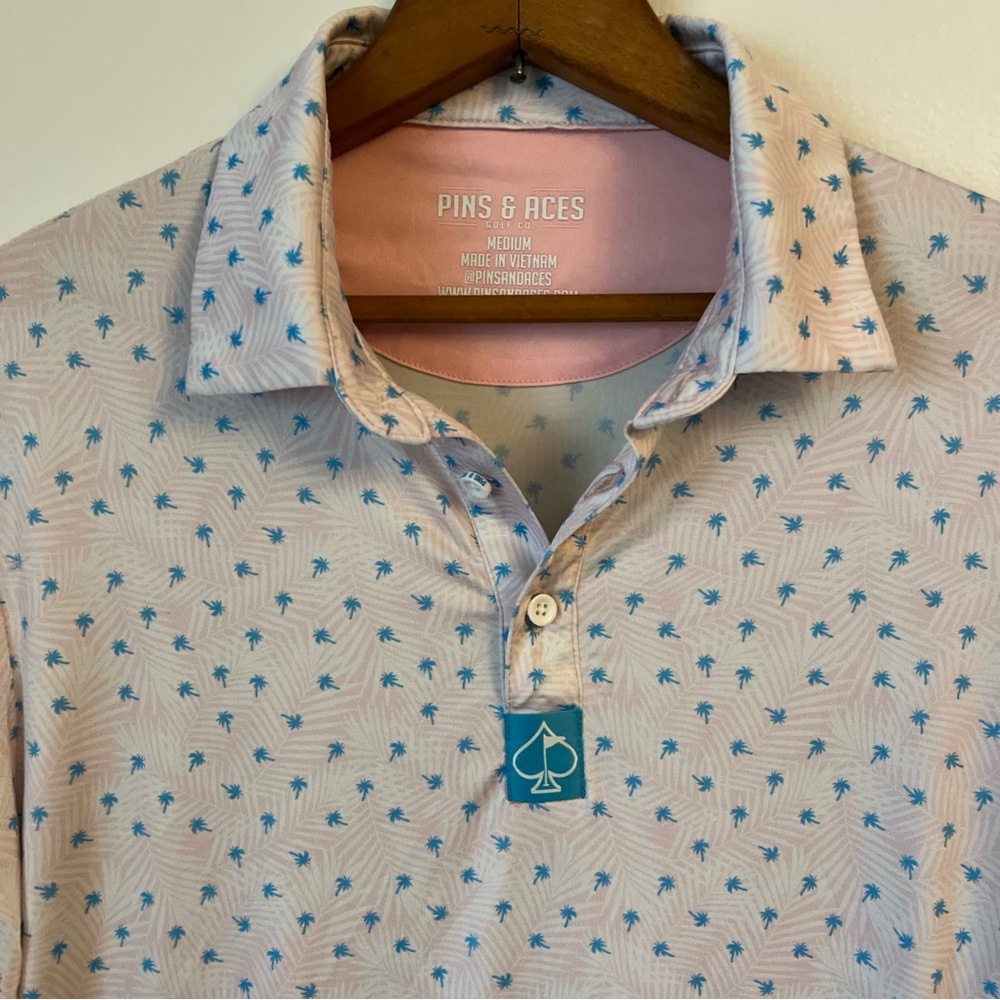Pins & Aces Bold All Over Print Pink Palm Tree Power Golf Polo Shirt Men’s M